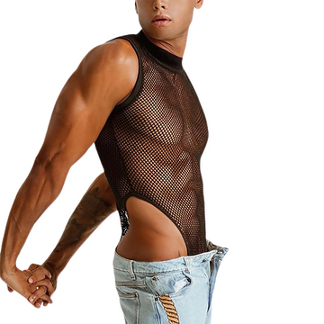 Men's Mesh Patchwork Sleeveless Bodysuit / Sexy Male  See Through Thin Romper - EVE's SECRETS